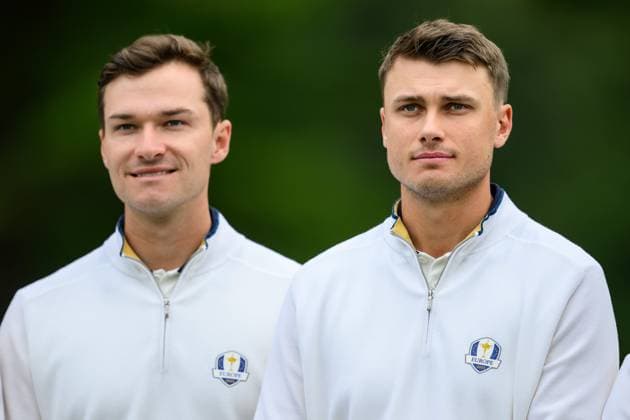 250923 Rasmus Hojgaard and Ludvig Aberg of Team Europe during a photo session on day 3 of the Ryder Cup on September 23, 2025 in New York Photo Jesper Zerman BILDBYRAN kod JZ JZ0614 golf ryder cup usa europe bbeng  Copyright: JESPERxZERMAN BB250923JZ086
