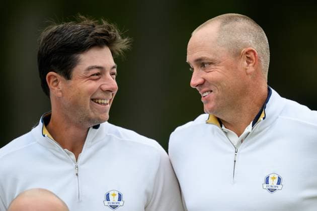 250923 Viktor Hovland anf Vice Captain Alex NorÃ n of Team Europe during a photo session on day 3 of the Ryder Cup on September 23, 2025 in New York Photo Jesper Zerman BILDBYRAN kod JZ JZ0614 golf ryder cup usa europe bbeng  Copyright: JESPERxZERMAN BB250923JZ101