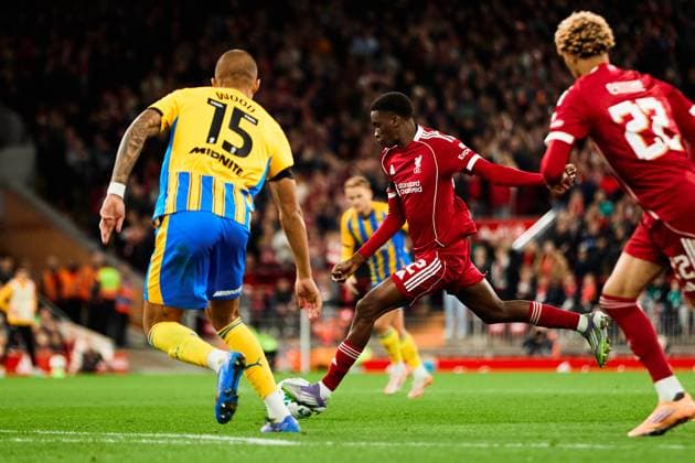 LIVERPOOL, ENGLAND - SEPTEMBER 23: Trey Nyoni of Liverpool during a EFL Carabao Cup 2025 26 match between Liverpool and Southampton at Anfield on September 23, 2025 in Liverpool, England. (Photo by Koby Abbott Sports Press Photo)  Copyright: xKobyxAbbottx Sportspressphoto_SPR30956