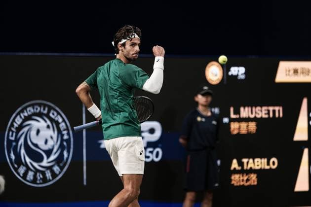 CHENGDU, CHINA - SEPTEMBER 23: Lorenzo Musetti of Italy reacts during the Men s Singles final match against Alejandro Tabilo of Chile on Day 8 of 2025 ATP, Tennis Herren Chengdu Open at Sichuan International Tennis Centre on September 23, 2025 in Chengdu, Sichuan Province of China.  Copyright: xVCGx 111592811736