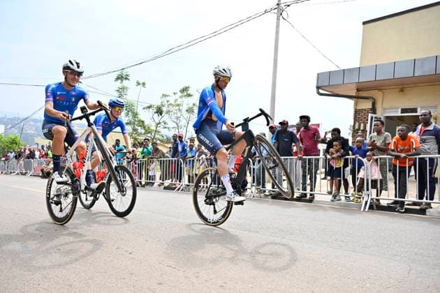 UCI 2025 Road World Championship, WM, Weltmeisterschaft Kigali 28 09 2025 KIGALI, RWANDA - SEPTEMBER 28 : the Italain Cycling team pictured during a training ride prior to the Men Elite cycling road race of the UCI Road World Championships 2025 92nd edition an UCI World Championships cycling race of 267.5 km with start in Kigali and finish in Kigali on September 28, 2025 in Kigali, Rwanda, 28 09 2025 Kigali Rwanda  Copyright: xJanxDexMeuleneirx