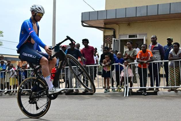 Rider from Team Italy picture doing a wheelie during a training session at the track of the cycling road World Championships, in Kigali, Rwanda, Wednesday 24 September 2025. The 2025 UCI Road World Championships take place from 21 to 28 September in Kigali, Rwanda. DIRKxWAEM  x135140261x