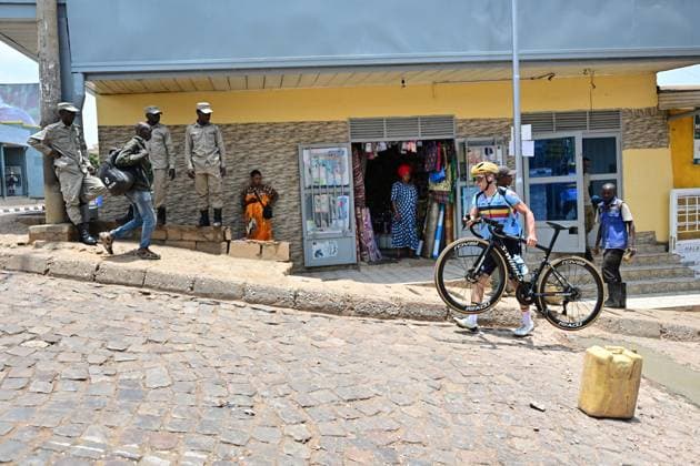 Belgian Remco Evenepoel pictured in action on a cobblestone road during a training session at the track of the cycling road World Championships, in Kigali, Rwanda, Wednesday 24 September 2025. The 2025 UCI Road World Championships take place from 21 to 28 September in Kigali, Rwanda. DIRKxWAEM  x135152558x