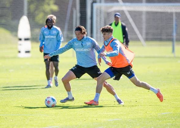 Soccer, Men, Season 2025 26, 2 Bundesliga, Hertha BSC, Training, f l Fabian Reese Hertha BSC , Janne Berner Hertha BSC , 24 09 2025, Copyright: xSebastianxRäppold MatthiasxKochx