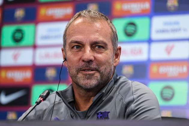 September 24, 2025, Sant Joan Despi, Barcelona, SPAIN: Hansi Flick, head coach of FC Barcelona, Barca attends his press conference, PK, Pressekonferenz during the training day of FC Barcelona ahead the Spanish League, La Liga EA Sports, football match against Real Oviedo at Ciudad Esportiva Joan Gamper on September 24, 2025 in Sant Joan Despi, Barcelona, Spain. Sant Joan Despi SPAIN - ZUMAa181 20250924_zaa_a181_031 Copyright: xJavierxBorregox
