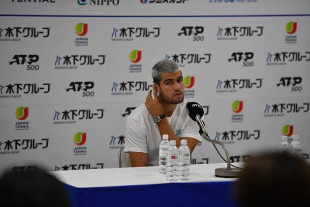 Spain s Carlos Alcaraz during the press conference, PK, Pressekonferenz and interacting to press questions during Japan open tennis tournament ATP500 2025 at Ariake Tennis stadium in Tokyo, Japan on September 24, 2025  Copyright: xRanjithxKumar IPAxSportx xipa-agency.netx xx IPA_65668076 IPA_Agency_IPA65668076