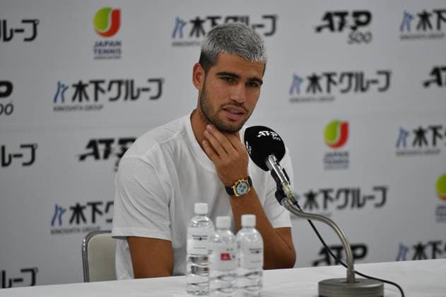Spain s Carlos Alcaraz during the press conference, PK, Pressekonferenz and interacting to press questions during Japan open tennis tournament ATP500 2025 at Ariake Tennis stadium in Tokyo, Japan on September 24, 2025  Copyright: xRanjithxKumar IPAxSportx xipa-agency.netx xx IPA_65668140 IPA_Agency_IPA65668140
