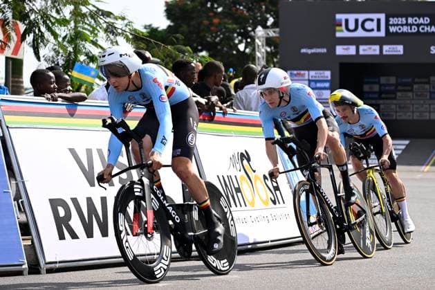 UCI 2025 Road World Championship, WM, Weltmeisterschaft Kigali 24 09 2025 KIGALI, RWANDA - SEPTEMBER 24 : Vermeersch Florian (BEL), Vervenne Jonathan (BEL)and Campenaerts Victor (BEL) during the Mixed Elite Team Time Trial Mixed Relay of the UCI Road World Championships 2025 92nd edition an UCI World Championships cycling race of 42.4 km with start in Kigali and finish in Kigali on September 24, 2025 in Kigali, Rwanda, 24 09 2025 Kigali Rwanda  Copyright: xJanxDexMeuleneirx