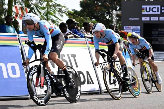 UCI 2025 Road World Championship, WM, Weltmeisterschaft Kigali 24 09 2025 KIGALI, RWANDA - SEPTEMBER 24 : Vermeersch Florian (BEL), Vervenne Jonathan (BEL)and Campenaerts Victor (BEL) during the Mixed Elite Team Time Trial Mixed Relay of the UCI Road World Championships 2025 92nd edition an UCI World Championships cycling race of 42.4 km with start in Kigali and finish in Kigali on September 24, 2025 in Kigali, Rwanda, 24 09 2025 Kigali Rwanda  Copyright: xJanxDexMeuleneirx