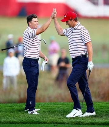 Colin Jost and Eli Manning of Team USA during the Celebrity All-Star match. 2025 Ryder Cup, Celebrity Match, Golf, Bethpage Black Golf Course, New York, USA - 24 Sep 2025New York Bethpage Black Golf Course New York (NY) United States of America EDITORIAL USE ONLY No use with unauthorised audio, video, data, fixture lists, club league logos or live services. Online in-match use limited to 120 images, no video emulation. No use in betting, games or single club league player publications. Copyright: xJamesxMarsh Shutterstockx 15500192ax