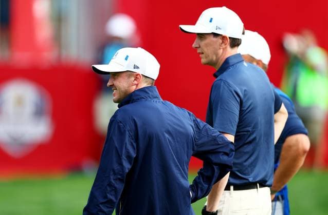 Tom Felton and Oliver Phelps of Team Europe during the Celebrity All-Star match. 2025 Ryder Cup, Celebrity Match, Golf, Bethpage Black Golf Course, New York, USA - 24 Sep 2025New York Bethpage Black Golf Course New York (NY) United States of America EDITORIAL USE ONLY No use with unauthorised audio, video, data, fixture lists, club league logos or live services. Online in-match use limited to 120 images, no video emulation. No use in betting, games or single club league player publications.  Copyright: xJamesxMarsh Shutterstockx 15500192bu