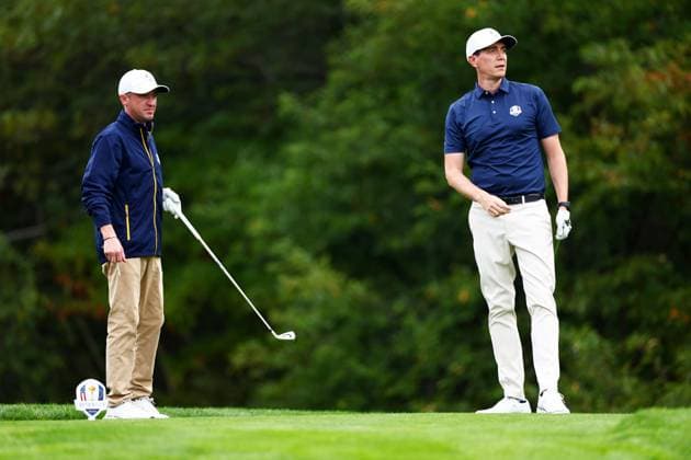 Tom Felton and Oliver Phelps of Team Europe during the Celebrity All-Star match. 2025 Ryder Cup, Celebrity Match, Golf, Bethpage Black Golf Course, New York, USA - 24 Sep 2025New York Bethpage Black Golf Course New York (NY) United States of America EDITORIAL USE ONLY No use with unauthorised audio, video, data, fixture lists, club league logos or live services. Online in-match use limited to 120 images, no video emulation. No use in betting, games or single club league player publications.  Copyright: xJamesxMarsh Shutterstockx 15500192bv