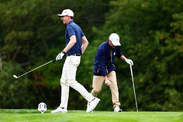 Tom Felton and Oliver Phelps of Team Europe during the Celebrity All-Star match. 2025 Ryder Cup, Celebrity Match, Golf, Bethpage Black Golf Course, New York, USA - 24 Sep 2025New York Bethpage Black Golf Course New York (NY) United States of America EDITORIAL USE ONLY No use with unauthorised audio, video, data, fixture lists, club league logos or live services. Online in-match use limited to 120 images, no video emulation. No use in betting, games or single club league player publications.  Copyright: xJamesxMarsh Shutterstockx 15500192bw