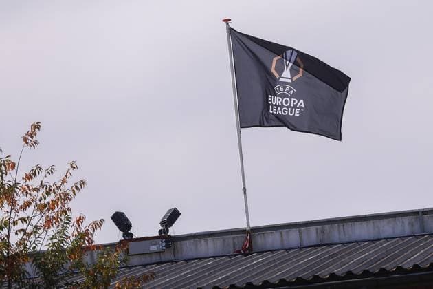 DEVENTER , 24-09-2025 , Stadium De Adelaarshorst , season 2025 2026 , UEFA Europa League League phase . press conference, PK, Pressekonferenz and training before the Europa League match between Go Ahead Eagles and FCSB, Picture shows Europa League flag Press conference and training before Go Ahead Eagles - FCSB  x31174142x Copyright: