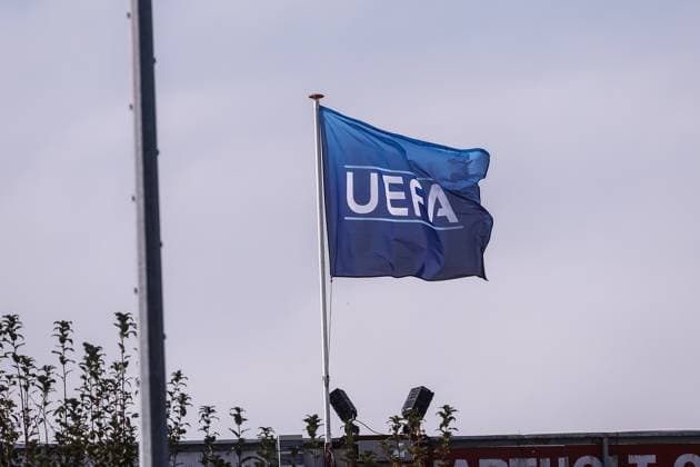 DEVENTER , 24-09-2025 , Stadium De Adelaarshorst , season 2025 2026 , UEFA Europa League League phase . press conference, PK, Pressekonferenz and training before the Europa League match between Go Ahead Eagles and FCSB, Picture shows UeFA flag Press conference and training before Go Ahead Eagles - FCSB  x31174150x Copyright: