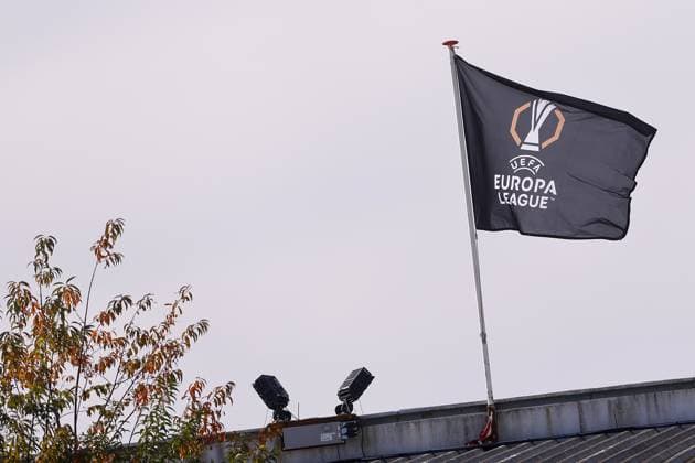 DEVENTER , 24-09-2025 , Stadium De Adelaarshorst , season 2025 2026 , UEFA Europa League League phase . press conference, PK, Pressekonferenz and training before the Europa League match between Go Ahead Eagles and FCSB, Picture shows Europa League flag Press conference and training before Go Ahead Eagles - FCSB  x31174156x Copyright: