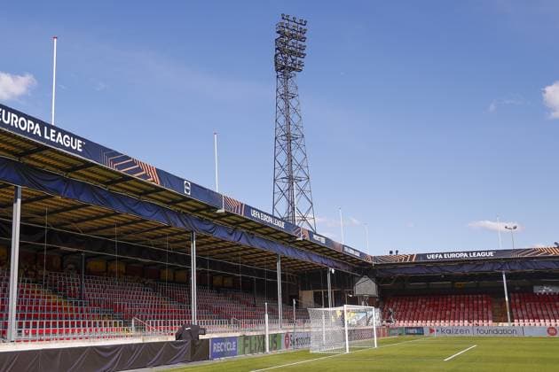 DEVENTER , 24-09-2025 , Stadium De Adelaarshorst , season 2025 2026 , UEFA Europa League League phase . press conference, PK, Pressekonferenz and training before the Europa League match between Go Ahead Eagles and FCSB, Picture shows Europa League branding in stadium Press conference and training before Go Ahead Eagles - FCSB  x31174162x Copyright: