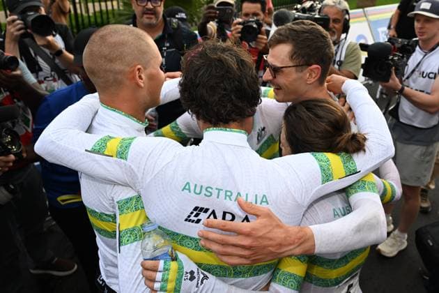 Australian riders celebrate after winning the Team Time Trial Mixed Relay race (41,8km) at the cycling road world championships, in Kigali, Rwanda, Wednesday 24 September 2025. The 2025 UCI Road World Championships take place from 21 to 28 September in Kigali, Rwanda. DIRKxWAEM  x135168467x