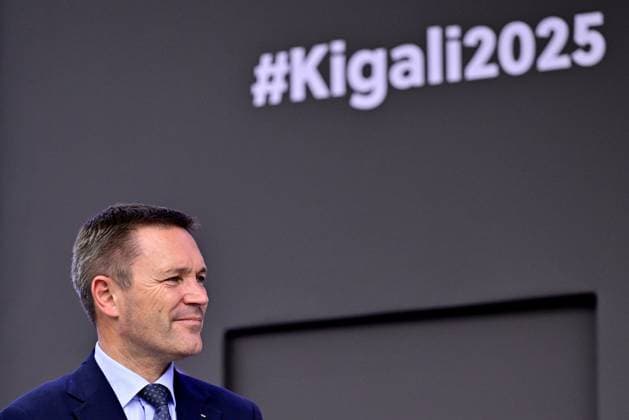 UCI president David Lappartient pictured on the podium of the Team Time Trial Mixed Relay race (41,8km) at the cycling road world championships, in Kigali, Rwanda, Wednesday 24 September 2025. The 2025 UCI Road World Championships take place from 21 to 28 September in Kigali, Rwanda. DIRKxWAEM  x135169525x