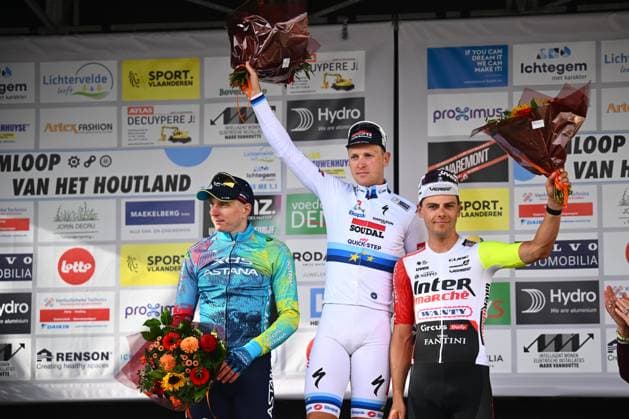 Omloop van Het Houtland 2025 Cycling Race LICHTERVELDE, BELGIUM - SEPTEMBER 24 : Merlier Tim (BEL) of Soudal - Quick Step, Kanter Max (GER) of XDS Astana Team and Marit Arne (BEL) of Intermarche - Wanty during the podium ceremony of the 78th edition of Omloop van Het Houtland an UCI Class 1.1 one day cycling road race for Men Elite of 198,7 km with start in Eernegem and finish in Lichtervelde on September 24, 2025 in Lichtervelde, Belgium, 24 09 2025 Lichtervelde Belgium  Copyright: xGvgx