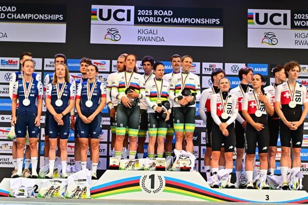 Award Ceremony Mixed Team Relay Road World Championships 2025 Rwanda Award Ceremony Mixed Team Relay Mixed Relay TTT Australia Gold MATTHEWS Michael, PLAPP Lucas, VINE Jay, CHAPMAN Brodie, SPRATT Amanda, WILSON HAFFENDEN Felicity, Silver France ARMIRAIL Bruno, SEIXAS Paul, SIVAKOV Pavel, KERBAOL Cedrine, LABOUS Juliette, SQUIBAN Maeva Bronze Switzerland CHRISTEN Jan, KÜNG Stefan, SCHMID Mauro, LIECHTI Jasmin, REUSSER Marlen, RUEGG Noemi Road World Cycling Championships 2025 Road World Championships 2025 UCI Cycling World Championships 41.8 km Kigali, Rwanda, World Championships WE ITT WC 24 09 2025