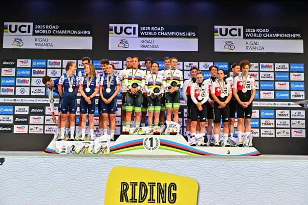 Award Ceremony Mixed Team Relay Road World Championships 2025 Rwanda Award Ceremony Mixed Team Relay Mixed Relay TTT Australia Gold MATTHEWS Michael, PLAPP Lucas, VINE Jay, CHAPMAN Brodie, SPRATT Amanda, WILSON HAFFENDEN Felicity, Silver France ARMIRAIL Bruno, SEIXAS Paul, SIVAKOV Pavel, KERBAOL Cedrine, LABOUS Juliette, SQUIBAN Maeva Bronze Switzerland CHRISTEN Jan, KÜNG Stefan, SCHMID Mauro, LIECHTI Jasmin, REUSSER Marlen, RUEGG Noemi Road World Cycling Championships 2025 Road World Championships 2025 UCI Cycling World Championships 41.8 km Kigali, Rwanda, World Championships WE ITT WC 24 09 2025