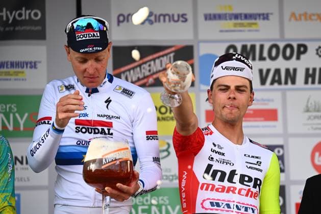 Omloop van Het Houtland 2025 Cycling Race LICHTERVELDE, BELGIUM - SEPTEMBER 24 : Merlier Tim (BEL) of Soudal - Quick Step, Kanter Max (GER) of XDS Astana Team and Marit Arne (BEL) of Intermarche - Wanty during the podium ceremony of the 78th edition of Omloop van Het Houtland an UCI Class 1.1 one day cycling road race for Men Elite of 198,7 km with start in Eernegem and finish in Lichtervelde on September 24, 2025 in Lichtervelde, Belgium, 24 09 2025 Lichtervelde Belgium  Copyright: xGvgx