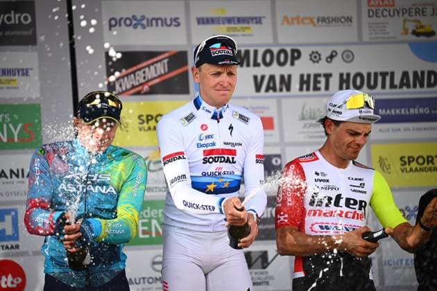 Omloop van Het Houtland 2025 Cycling Race LICHTERVELDE, BELGIUM - SEPTEMBER 24 : Merlier Tim (BEL) of Soudal - Quick Step, Kanter Max (GER) of XDS Astana Team and Marit Arne (BEL) of Intermarche - Wanty during the podium ceremony of the 78th edition of Omloop van Het Houtland an UCI Class 1.1 one day cycling road race for Men Elite of 198,7 km with start in Eernegem and finish in Lichtervelde on September 24, 2025 in Lichtervelde, Belgium, 24 09 2025 Lichtervelde Belgium  Copyright: xGvgx