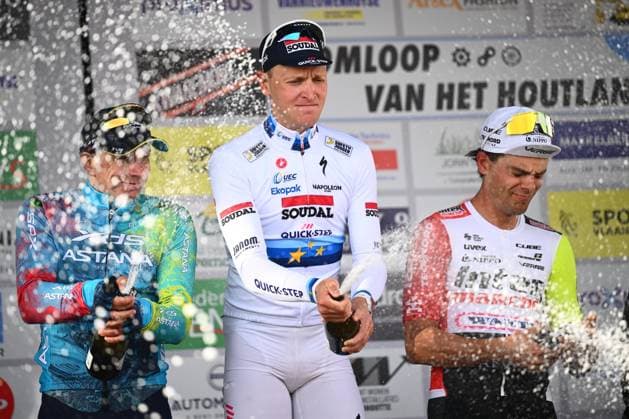 Omloop van Het Houtland 2025 Cycling Race LICHTERVELDE, BELGIUM - SEPTEMBER 24 : Merlier Tim (BEL) of Soudal - Quick Step, Kanter Max (GER) of XDS Astana Team and Marit Arne (BEL) of Intermarche - Wanty during the podium ceremony of the 78th edition of Omloop van Het Houtland an UCI Class 1.1 one day cycling road race for Men Elite of 198,7 km with start in Eernegem and finish in Lichtervelde on September 24, 2025 in Lichtervelde, Belgium, 24 09 2025 Lichtervelde Belgium  Copyright: xGvgx