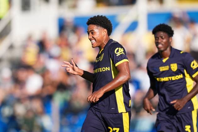 Parma s Sascha Britschgi celebrates after scoring the 1-0 goal for his team during the round of 32 Frecciarossa Italian Cup 2025 2026 soccer match between Parma and Spezia at Ennio Tardini Stadium in Parma, North Italy, Wednesday, September 24, 2025. Soccer  Copyright: xMassimoxPaolone LaPressex