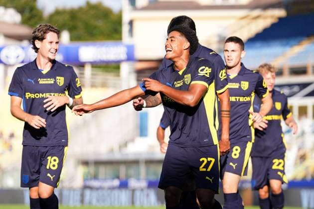 Parma s Sascha Britschgi celebrates after scoring the 1-0 goal for his team during the round of 32 Frecciarossa Italian Cup 2025 2026 soccer match between Parma and Spezia at Ennio Tardini Stadium in Parma, North Italy, Wednesday, September 24, 2025. Soccer  Copyright: xMassimoxPaolone LaPressex
