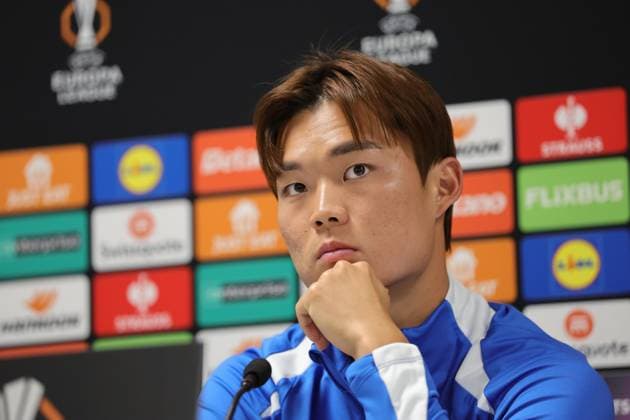 Genk s Hyeon-Gyu Oh pictured during a press conference, PK, Pressekonferenz of Belgian soccer team KRC Genk, in Glasgow, United Kingdom, on Wednesday 24 September 2025. The team will play the Scottish team Rangers FC on Thursday, first game (out of 8) in the league phase of the UEFA Europa League competition. STEVE WELSH StevexWelsh  x135176285x