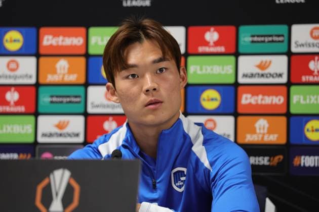 Genk s Hyeon-Gyu Oh pictured during a press conference, PK, Pressekonferenz of Belgian soccer team KRC Genk, in Glasgow, United Kingdom, on Wednesday 24 September 2025. The team will play the Scottish team Rangers FC on Thursday, first game (out of 8) in the league phase of the UEFA Europa League competition. STEVE WELSH StevexWelsh  x135176329x