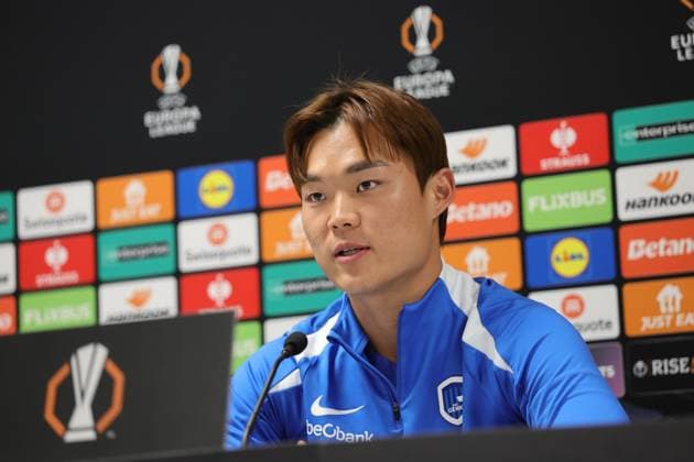Genk s Hyeon-Gyu Oh pictured during a press conference, PK, Pressekonferenz of Belgian soccer team KRC Genk, in Glasgow, United Kingdom, on Wednesday 24 September 2025. The team will play the Scottish team Rangers FC on Thursday, first game (out of 8) in the league phase of the UEFA Europa League competition. STEVE WELSH StevexWelsh  x135176347x