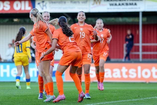 2025-09-24 Netherlands v Andorra - UEFA European Women s Under-17 Qualification match HARKEMA, NETHERLANDS - SEPTEMBER 24: Ulrike Mendes Ros of Netherlands celebrates after scoring his sides first goal during the UEFA European Women s Under-17 Qualification match match between Netherlands and Andorra at Sportpark De Bosk on September 24, 2025 in Harkema, Netherlands. Harkema Sportpark De Bosk Netherlands Content not available for redistribution in The Netherlands directly or indirectly through any third parties. Copyright: xPieterxvanxderxWoudex