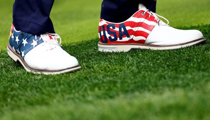 The shoes of Justin Thomas of Team USA. 2025 Ryder Cup, Wednesday Practice, Golf, Bethpage Black Golf Course, New York, USA - 24 Sep 2025New York Bethpage Black Golf Course New York (NY) United States of America EDITORIAL USE ONLY No use with unauthorised audio, video, data, fixture lists, club league logos or live services. Online in-match use limited to 120 images, no video emulation. No use in betting, games or single club league player publications. Copyright: xJamesxMarsh Shutterstockx 15501089u