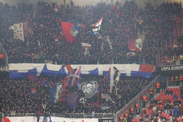 24 09 2025, xrekx, Football UEFA Europa League, SC Freiburg FC Basel v l Basel Fans ,Atmosphere, Scarves, Shirt, Flag, Banner, Ultras, Spectators, Visitors, Choreo, Choreography, atmosphere, spectators, Visitors DFL DFB REGULATIONS PROHIBIT ANY USE OF PHOTOGRAPHS as IMAGE SEQUENCES and or QUASI VIDEO Freiburg