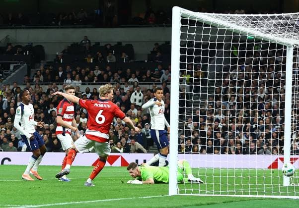 Jay McGrath of Doncaster Rovers scores an own goal Tottenham Hotspur v Doncaster Rovers, EFL Carabao Cup, Third Round, Football, Tottenham Hotspur Stadium, London, UK - 24 Sep 2025London Tottenham Hotspur Stadium United Kingdom EDITORIAL USE ONLY No use with unauthorised audio, video, data, fixture lists, club league logos or live services. Online in-match use limited to 120 images, no video emulation. No use in betting, games or single club league player publications. Copyright: xMichaelxZemanek Shutterstockx 15498598l