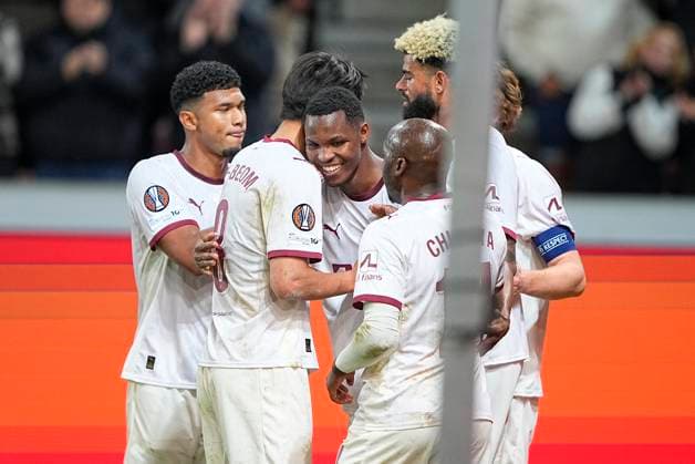 Denmark Europa League FC Midtjylland SK Sturm Graz FC Midtjyllands Ousmane Diao, center, celebrates scoring a goal during the Europa League match between FC Midtjylland and SK Sturm Graz at MCH Arena in Herning on Wednesday, September 24, 2025 Photo Bo Amstrup Ritzau Scanpix , Herning Denmark  Copyright: BoxAmstrupx spdk20250924-203318-L
