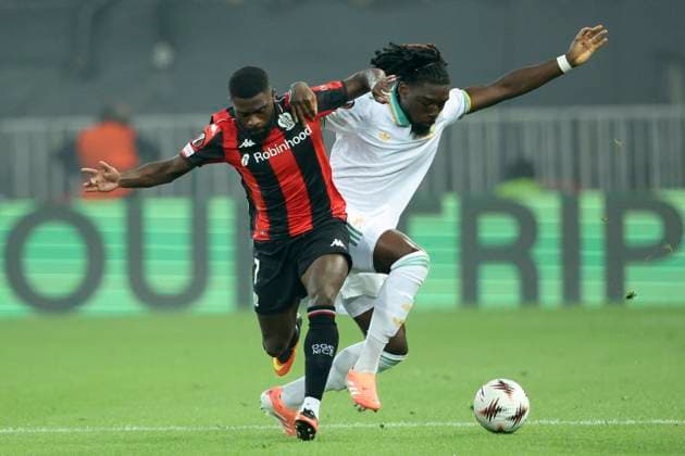 OGC Nice v AS Roma - UEFA Europa League 2025 26 League Phase MD1 Jeremie Boga of OGC Nice abd Manu Kone of AS Roma challenge during the UEFA Europa League 2025 26 League Phase MD1 match between OGC Nice and AS Roma at Grand Stade de Nice on September 24, 2025 in Nice, France. Nice Grand Stade de Nice South-Eastern France France Copyright: xNealxSimpson Sportsphoto APLx 14136099