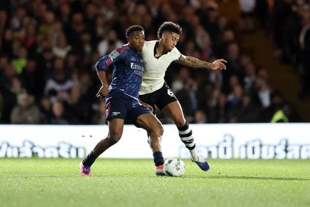 Myles Lewis-Skelly of Arsenal and Jordan Lawrence-Gabriel of Port Vale Port Vale v Arsenal, EFL Carabao Cup, Third Round, Football, Vale Park, Stoke-on-Trent, UK - 24 Sep 2025Stoke-on-Trent Vale Park United Kingdom EDITORIAL USE ONLY No use with unauthorised audio, video, data, fixture lists, club league logos or live services. Online in-match use limited to 120 images, no video emulation. No use in betting, games or single club league player publications. Copyright: xRyanxBrowne Shutterstockx 15498606an