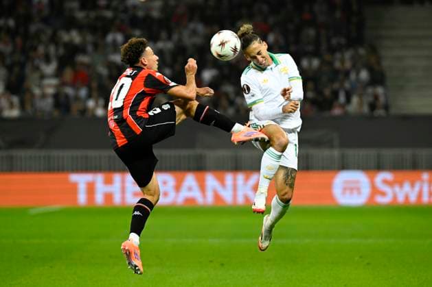 FOOTBALL : OGC Nice VS AS Roma - UEFA Europa League - 24 09 2025 Tom Louchet (OGC Nice) Konstantinos Tsimikas (AS Roma) - UEFA Europa League match between OGC Nice and AS Roma on September 24, 2025 at the Allianz Riviera Stadium in Nice. NiceFrance  Copyright: xWilliamxCannarellax