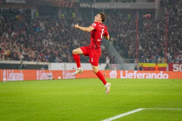 Soccer UEFA Europa League 2025 26, 1 Matchday SC Freiburg vs FC Basel Europa Park Stadion Freiburg Goal and goal celebration to 1 0 by Patrick Osterhage SC Freiburg, 06 Joy, emotions, jubilation Freiburg im Breisgau Baden Württemberg Germany Copyright: xJOERANxSTEINSIEKx