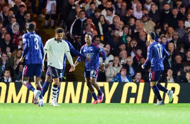 24th September 2025; Vale Park, Stoke, Staffordshire, England; EFL Carabao Cup Football, Port Vale versus Arsenal; Eberechi Eze of Arsenal is congratulated by team mates after scoring to make it 1-0 in the 8th minute  RogerxEvans