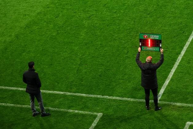 The fourth official holds up the Carabao substitute board Port Vale v Arsenal, EFL Carabao Cup, Third Round, Football, Vale Park, Stoke-on-Trent, UK - 24 Sep 2025Stoke-on-Trent Vale Park United Kingdom EDITORIAL USE ONLY No use with unauthorised audio, video, data, fixture lists, club league logos or live services. Online in-match use limited to 120 images, no video emulation. No use in betting, games or single club league player publications. Copyright: xPaulxCurrie Shutterstockx 15498603bm