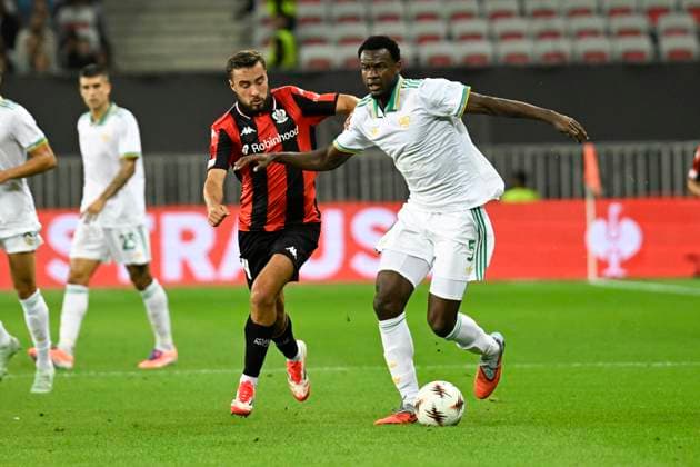 FOOTBALL : OGC Nice VS AS Roma - UEFA Europa League - 24 09 2025 Charles Vanhoutte (OGC Nice) Evan Ndicka (AS Roma) - UEFA Europa League match between OGC Nice and AS Roma on September 24, 2025 at the Allianz Riviera Stadium in Nice. NiceFrance  Copyright: xWilliamxCannarellax