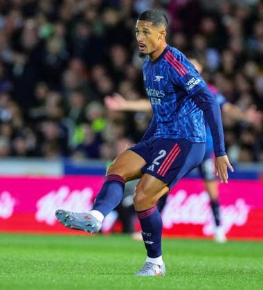 24th September 2025; Vale Park, Stoke, Staffordshire, England; EFL Carabao Cup Football, Port Vale versus Arsenal; William Saliba of Arsenal plays across field  RogerxEvans
