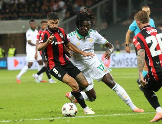 RECORD DATE NOT STATED OGCNICE AS ROME LIGUE EUROPA SERGE HAOUZI MAXPPP - Nice Ligue Europa 1ere journee a l Allianz Riviera de Nice le 24 Septembre 2025 l OgcNice recoit le club italien de l AS Roma Le nicois Sanson au prise avec l italien Kone Nice Alpes Maritimes France France  Copyright: xMAXPPPxSERGExHAOUZIx SHZ202509245902 SHZ202509245902