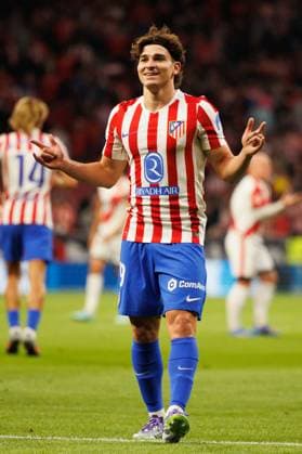 Julian Alvarez seen celebrating after scoring goal during LaLiga EA SPORTS 25 26 game between teams of Atletico de Madrid and Rayo Vallecano at Estadio Civitas Metropolitano (Maciej Rogowski Ball Raw Images) Madrid Riyadh Air Metropolitano Spain Copyright: xMaciejxRogowskix maciejrogowski_atleticovsrayo25_26-01