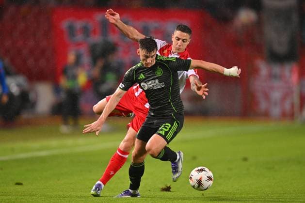 CRVENA ZVEZDA vs CELTIC GLASGOW BRUNO DUARTE DA SILVA vs KIERAN TIERNEY football Crvena zvezda vs Celtic Glasgow UEFA Europa league match at Rajko Mitic stadium, Belgrade 24.09.2025 FOOTBALL, UEFA EUROPA LEAGUE, CRVENA ZVEZDA, RED STAR, CELTIC GLASGOW Belgrade Rajko Mitic stadium Serbia Copyright: xVMx xMNxPressx